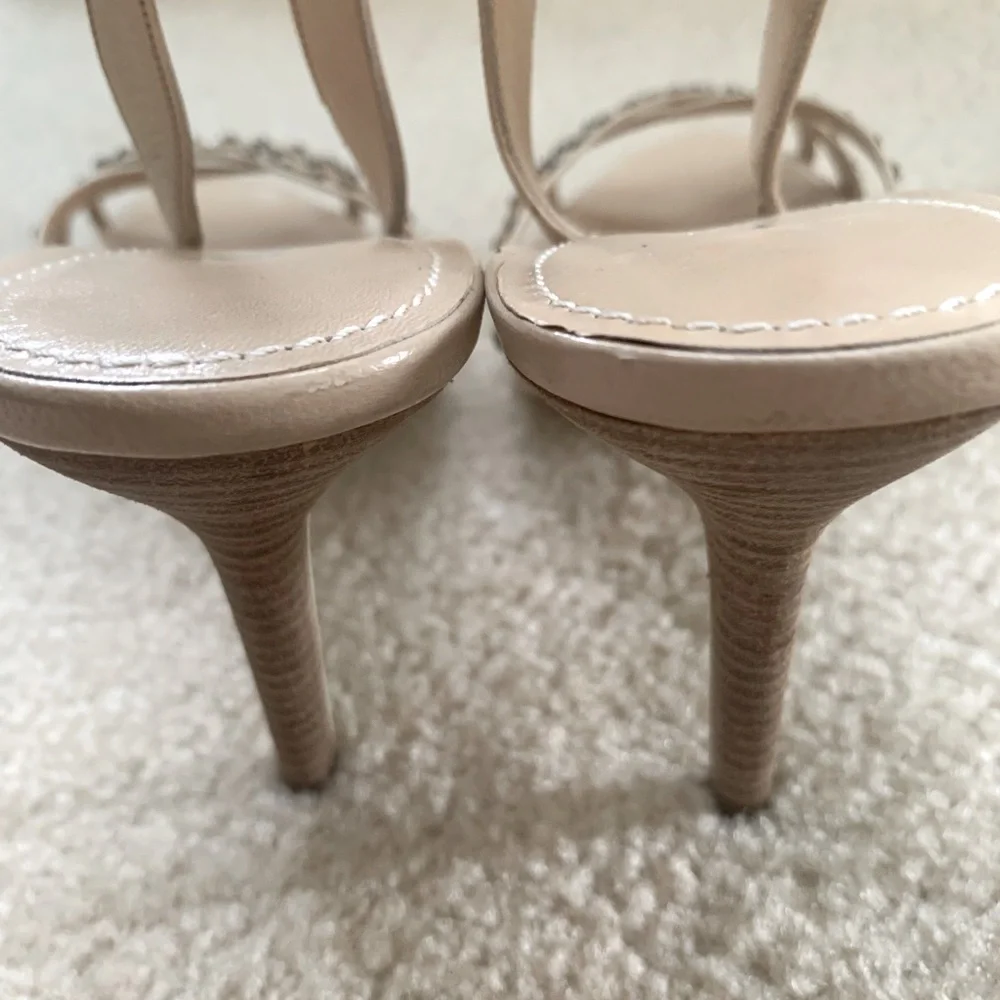Neiman Marcus Cream Leather Heeled Sandals With Crystal Studs Size 10